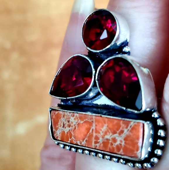 New Sea Sediment Jasper & Garnet 925 Silver Ring. - Picture 5 of 7